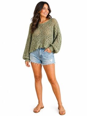 Jessica Simpson Crochet Knit Sweater Medium Sage Green Boho Chunky Open Knit